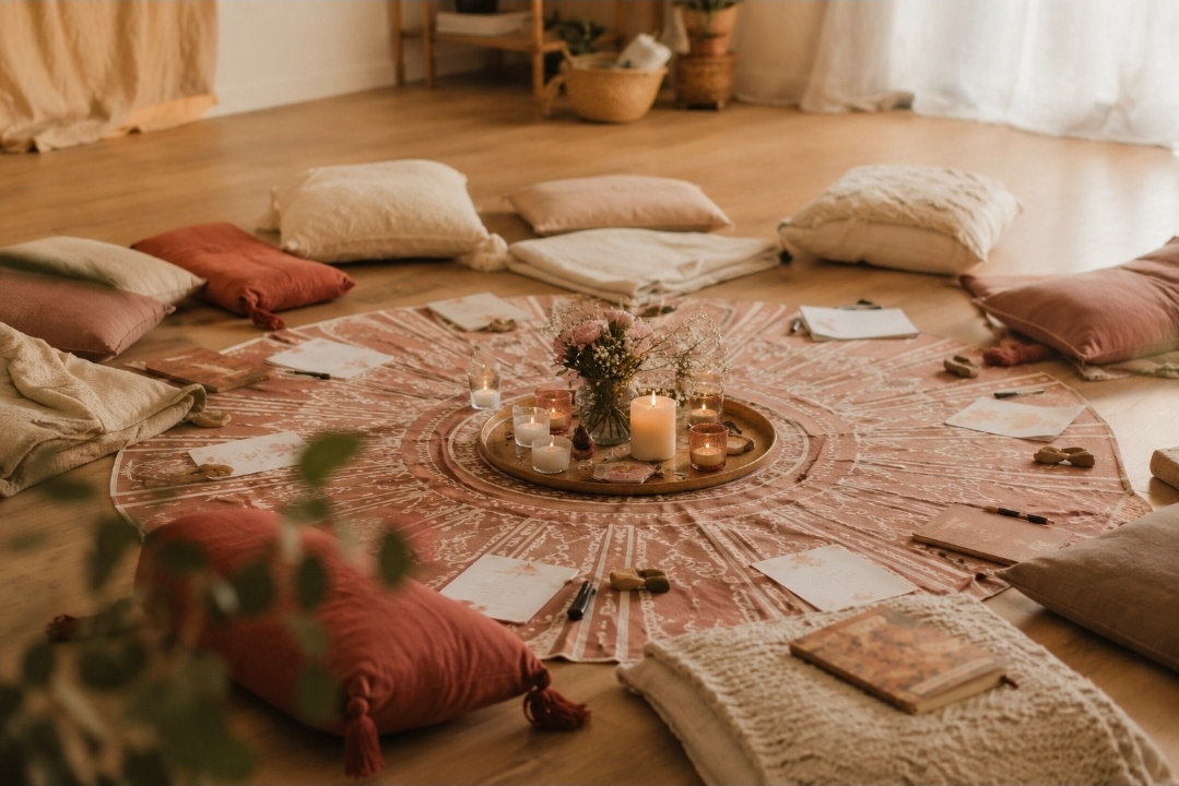 Cercle d'atelier dressé et vide : coussins de sol terracotta et crème disposés autour d'un tissu mandala rose, plateau de laiton avec bougies et bouquet au centre, carnet et crayon à chaque place