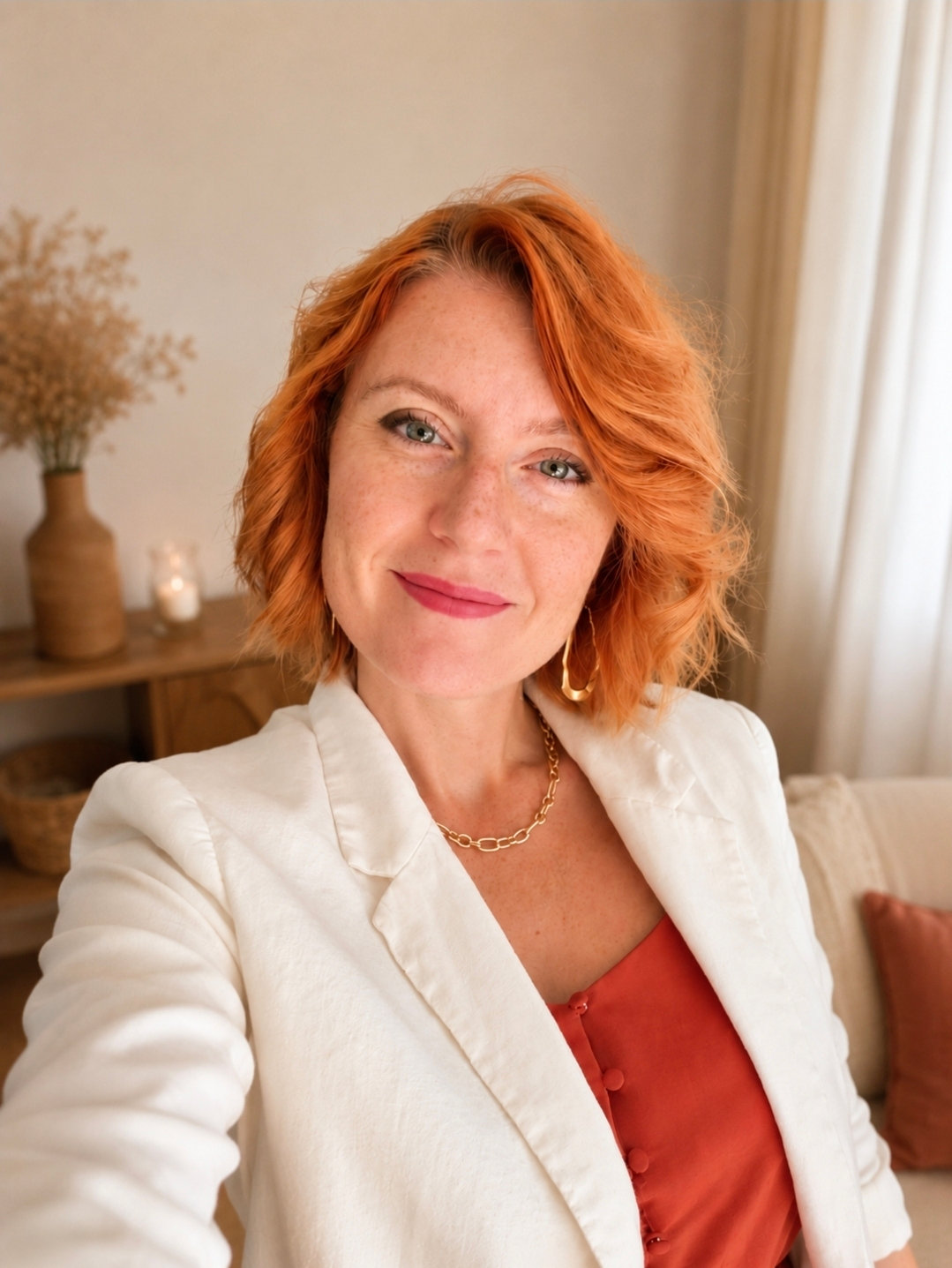 Portrait de Manon, souriante, dans un intérieur clair avec fleurs séchées et bougie