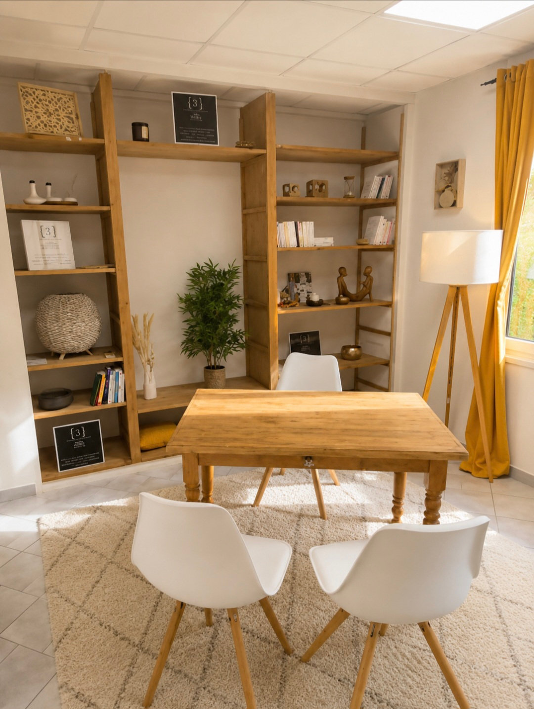 Salle de consultation : table en bois et trois chaises blanches sur un tapis berbère, étagères garnies de livres et d'objets, plante verte et lampadaire