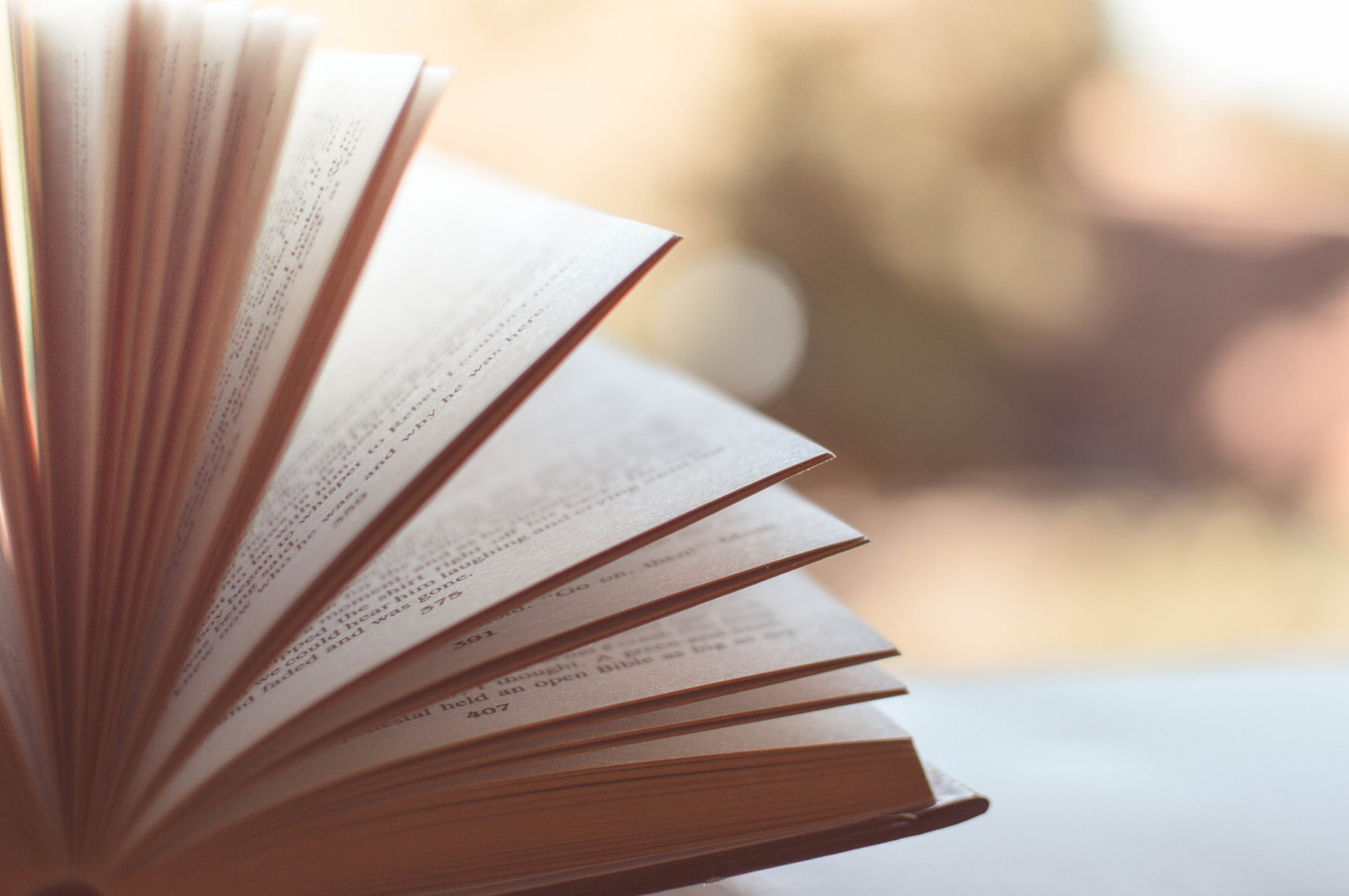 Gros plan sur les pages en éventail d'un livre ouvert, dans une lumière chaude ; l'arrière-plan est flou.