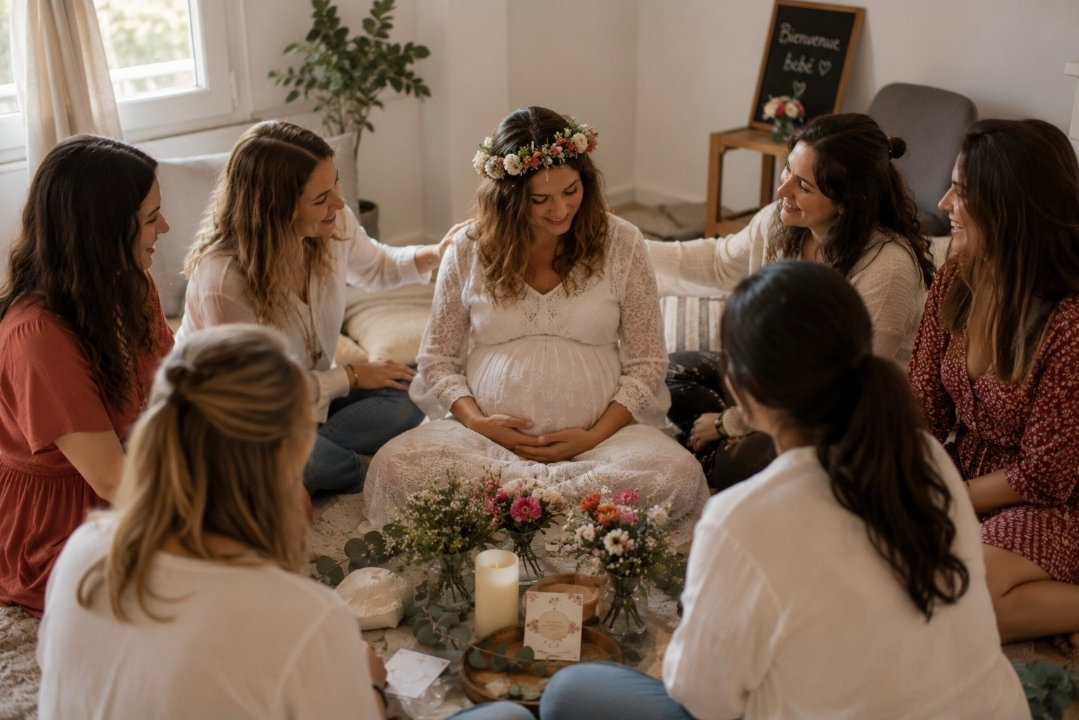 Cérémonie blessingway : une femme enceinte couronnée de fleurs, assise au sol, entourée de sept femmes qui posent la main sur elle ; bouquets, bougie et ardoise « Bienvenue bébé »