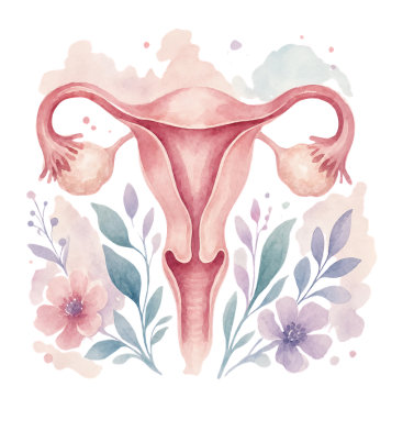Illustration à l'aquarelle d'un utérus et de ses ovaires, entourée de fleurs et de feuillages en rose, mauve et bleu-gris